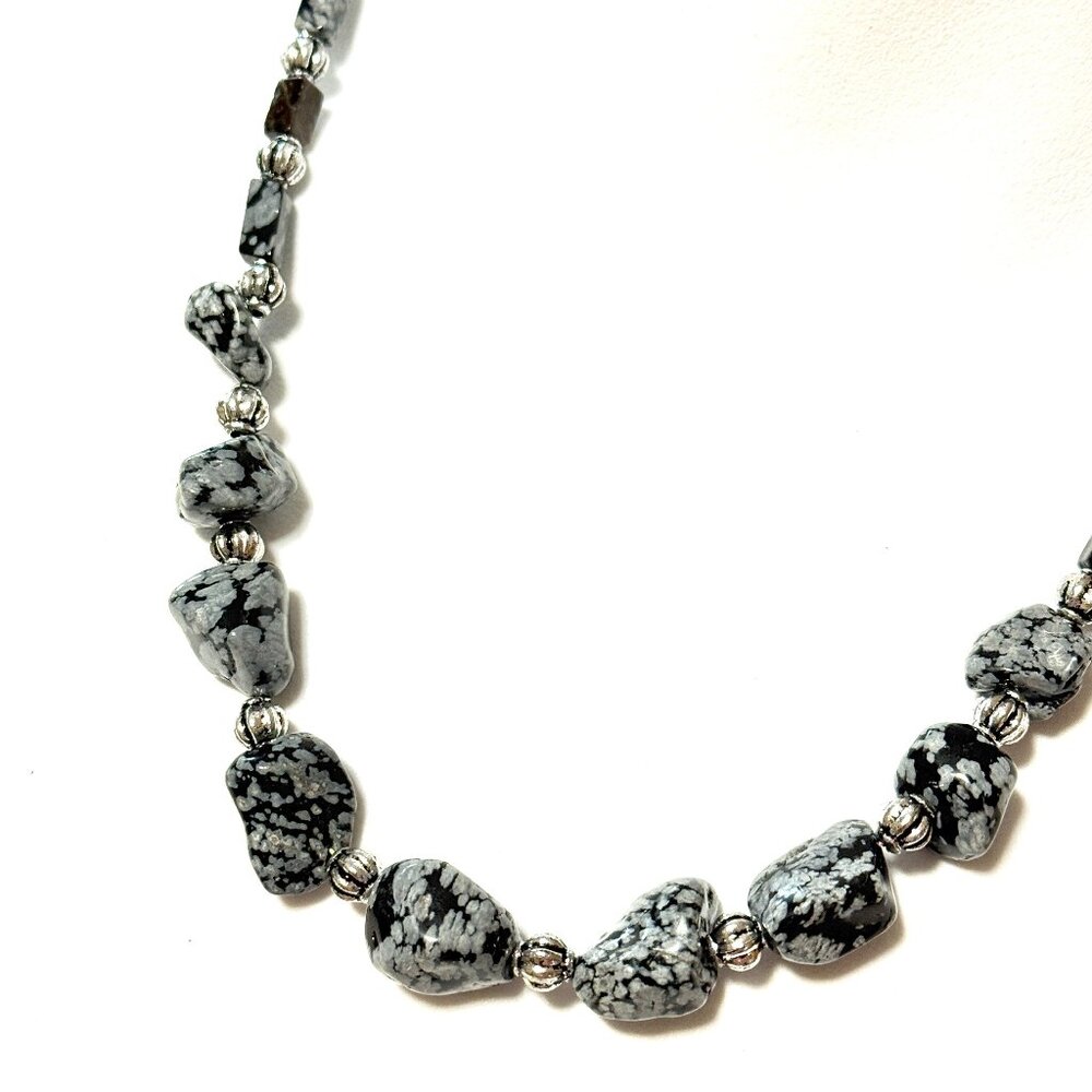 Rustic Snowflake Obsidian Bib Necklace, Genuine Tumbled Gemstone Beaded Necklace